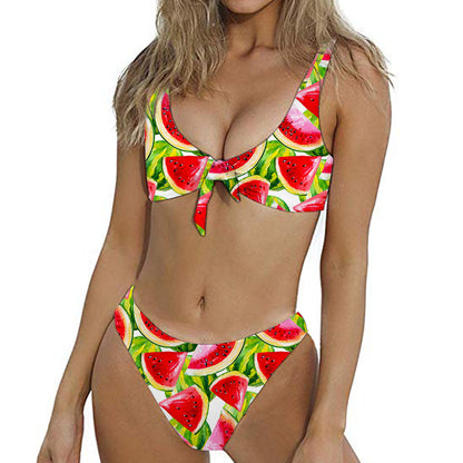Watercolor Watermelon Pattern Print Front Bow Tie Bikini