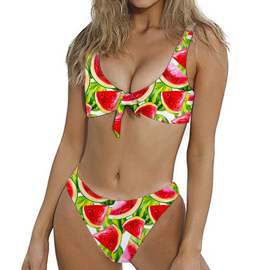 Watercolor Watermelon Pattern Print Front Bow Tie Bikini