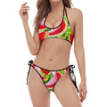Watercolor Watermelon Pattern Print Halter Scoop Tie Side Bikini
