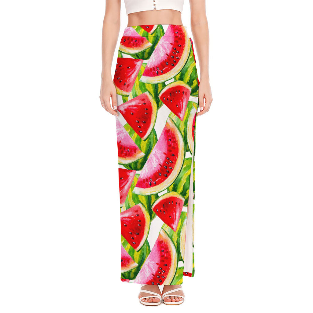 Watercolor Watermelon Pattern Print High Slit Maxi Skirt
