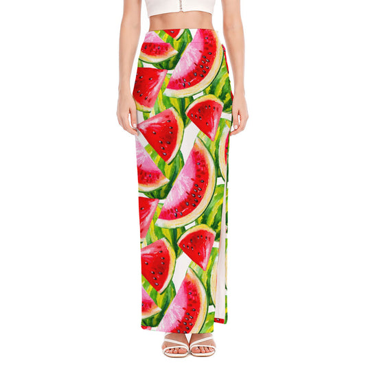 Watercolor Watermelon Pattern Print High Slit Maxi Skirt