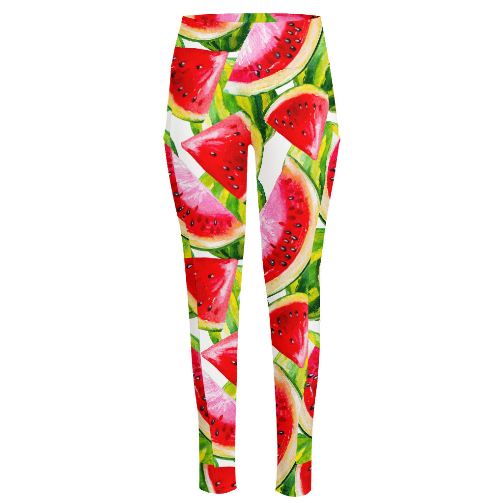 Watercolor Watermelon Pattern Print High-Waisted Pocket Leggings