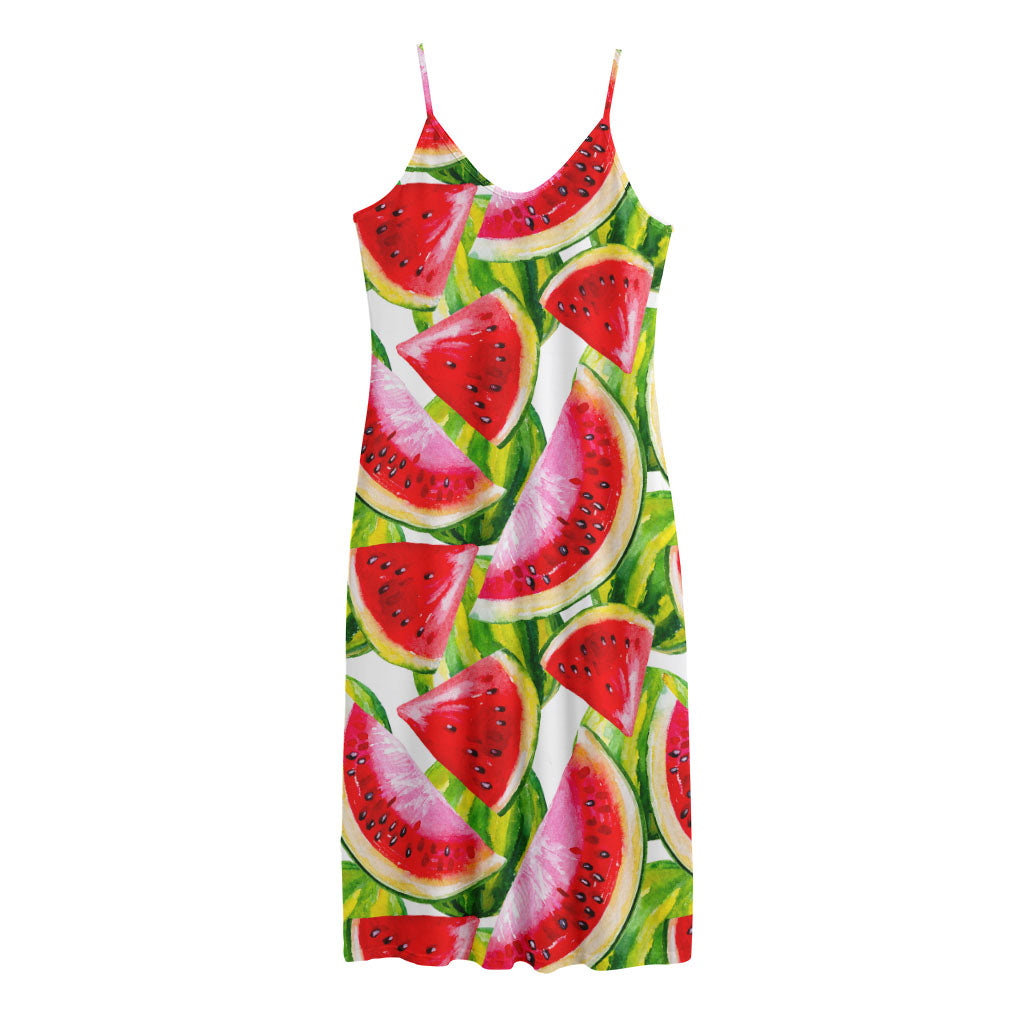 Watercolor Watermelon Pattern Print Jersey Midi Cami Dress