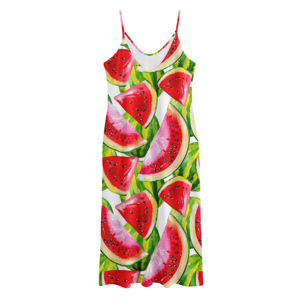 Watercolor Watermelon Pattern Print Jersey Midi Cami Dress