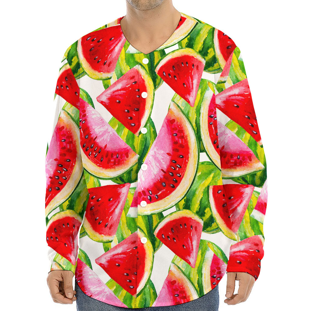 Watercolor Watermelon Pattern Print Long Sleeve Baseball Jersey