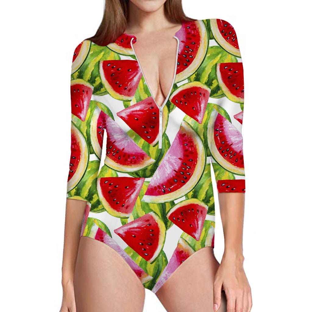 Watercolor Watermelon Pattern Print Long Sleeve Swimsuit