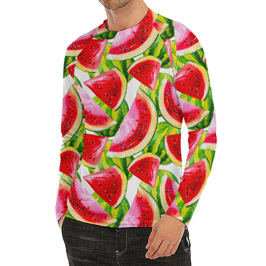 Watercolor Watermelon Pattern Print Men's Long Sleeve Rash Guard