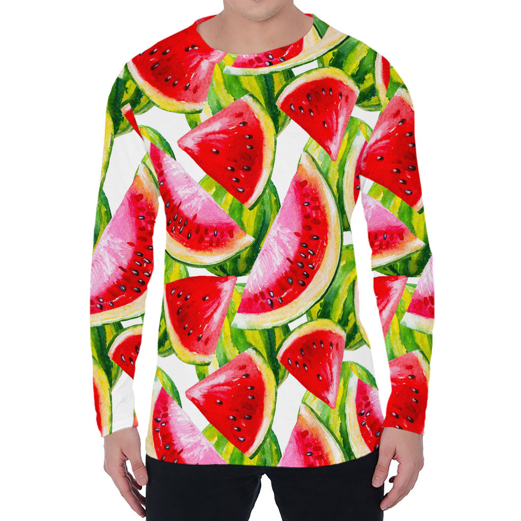 Watercolor Watermelon Pattern Print Men's Long Sleeve T-Shirt