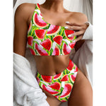 Watercolor Watermelon Pattern Print One Shoulder Bikini Top