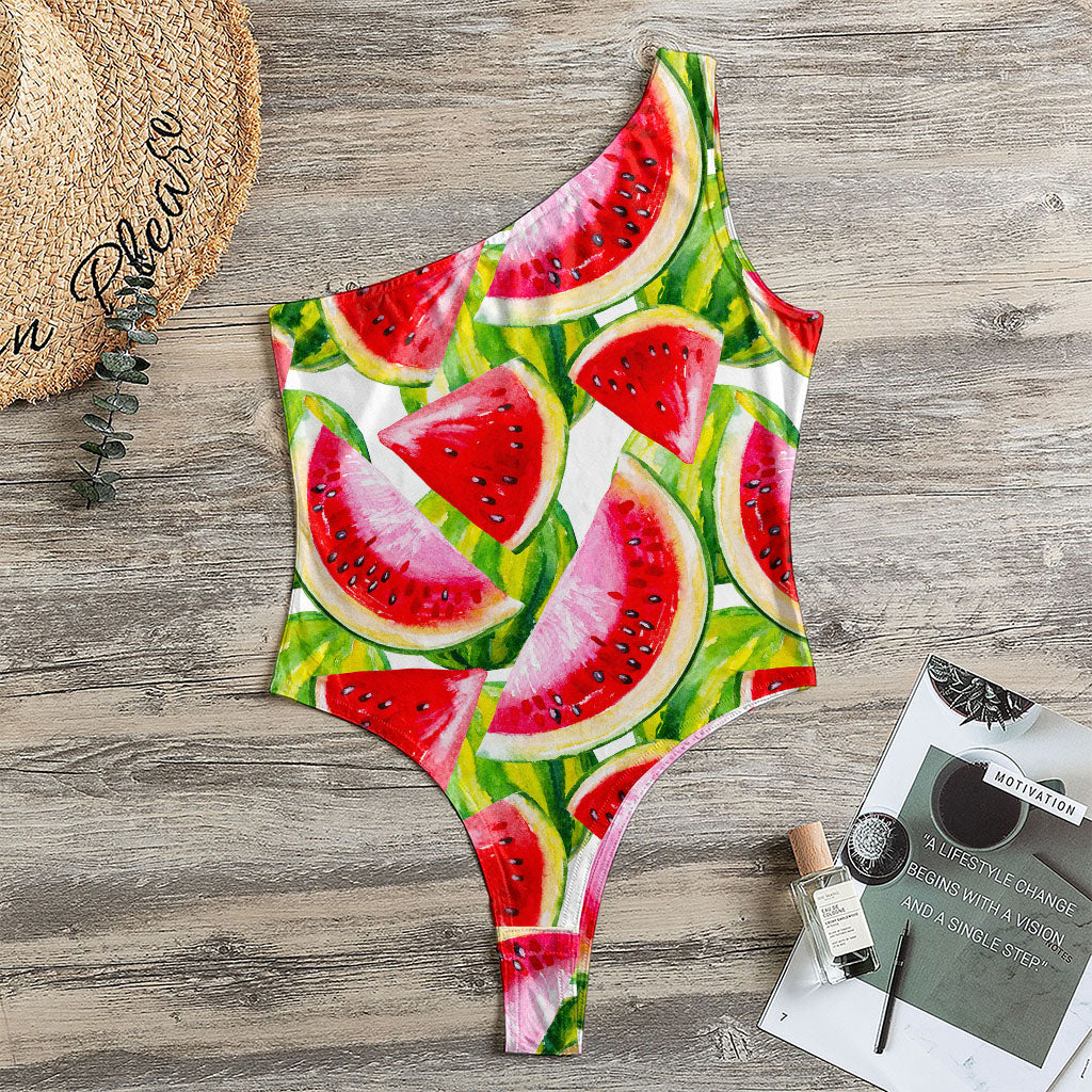 Watercolor Watermelon Pattern Print One Shoulder Bodysuit