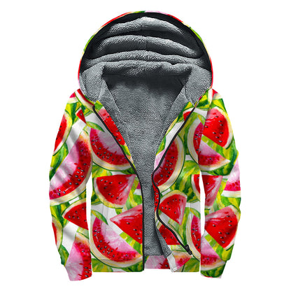 Watercolor Watermelon Pattern Print Sherpa Lined Zip Up Hoodie