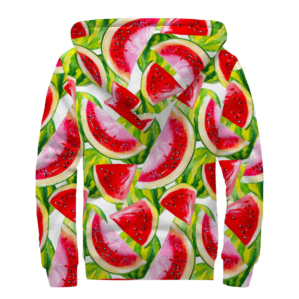 Watercolor Watermelon Pattern Print Sherpa Lined Zip Up Hoodie