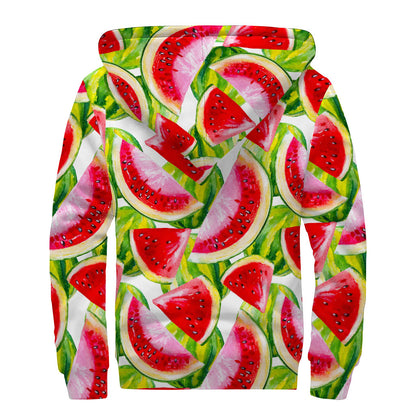 Watercolor Watermelon Pattern Print Sherpa Lined Zip Up Hoodie