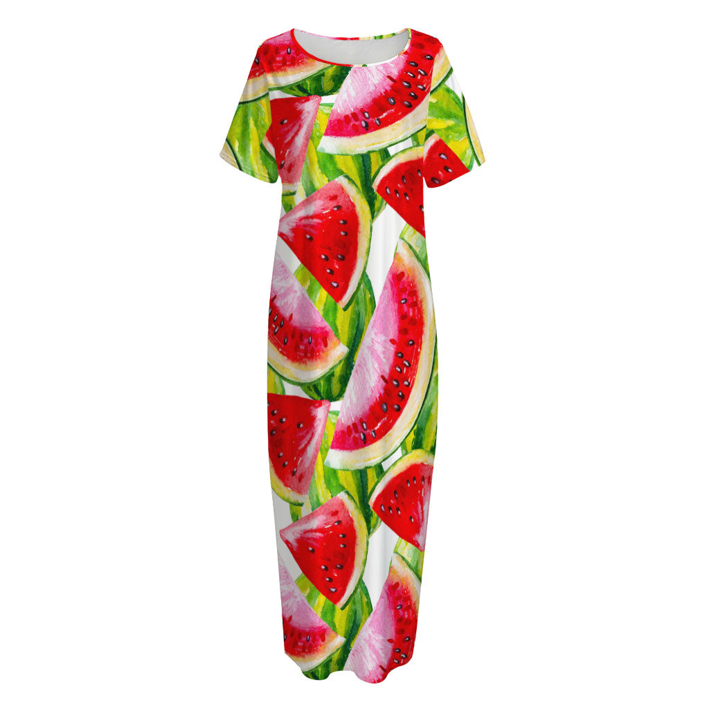 Watercolor Watermelon Pattern Print Short Sleeve Long Nightdress