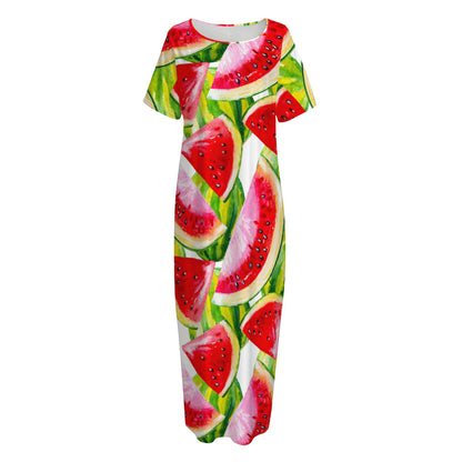 Watercolor Watermelon Pattern Print Short Sleeve Long Nightdress