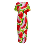 Watercolor Watermelon Pattern Print Short Sleeve Long Nightdress