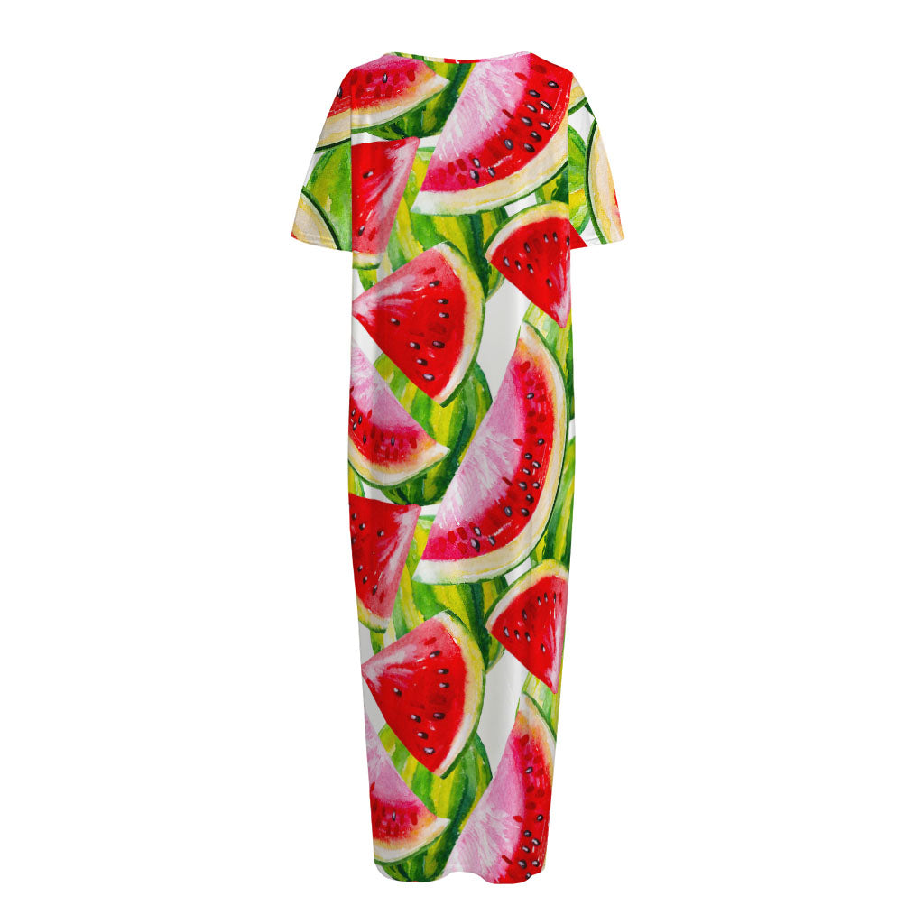 Watercolor Watermelon Pattern Print Short Sleeve Long Nightdress