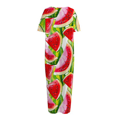 Watercolor Watermelon Pattern Print Short Sleeve Long Nightdress