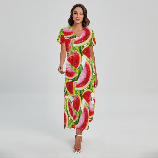 Watercolor Watermelon Pattern Print Short Sleeve Maxi Dress