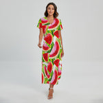 Watercolor Watermelon Pattern Print Short Sleeve Maxi Dress