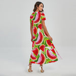 Watercolor Watermelon Pattern Print Short Sleeve Maxi Dress