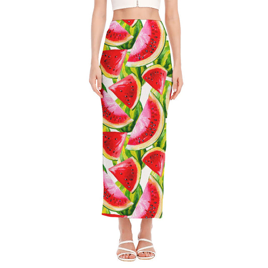 Watercolor Watermelon Pattern Print Side Slit Maxi Skirt