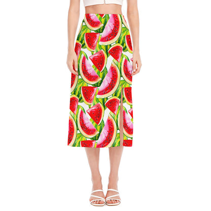 Watercolor Watermelon Pattern Print Side Slit Midi Skirt