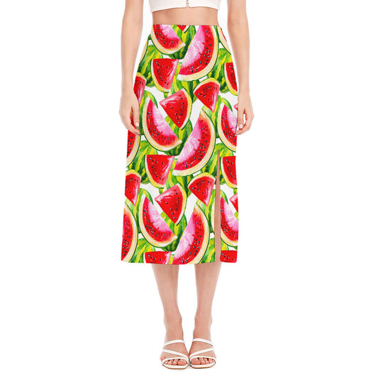Watercolor Watermelon Pattern Print Side Slit Midi Skirt