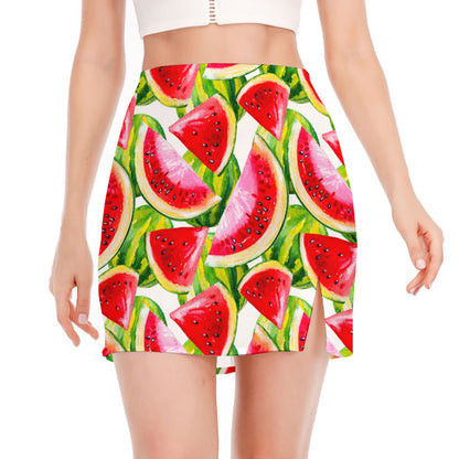 Watercolor Watermelon Pattern Print Side Slit Mini Skirt