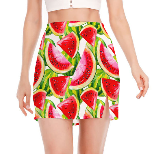 Watercolor Watermelon Pattern Print Side Slit Mini Skirt