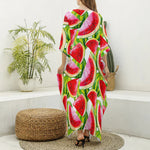 Watercolor Watermelon Pattern Print Silk V-Neck Kaftan Dress