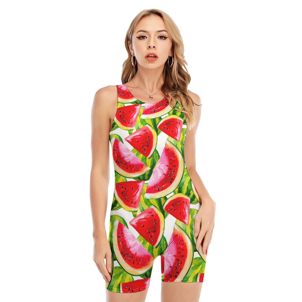 Watercolor Watermelon Pattern Print Sleeveless One Piece Swimsuit