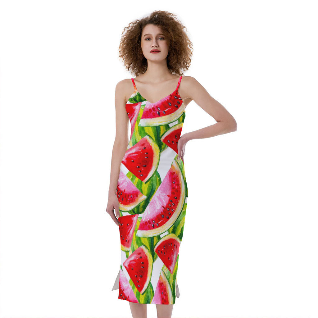Watercolor Watermelon Pattern Print Slim Fit Midi Cami Dress