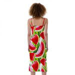 Watercolor Watermelon Pattern Print Slim Fit Midi Cami Dress