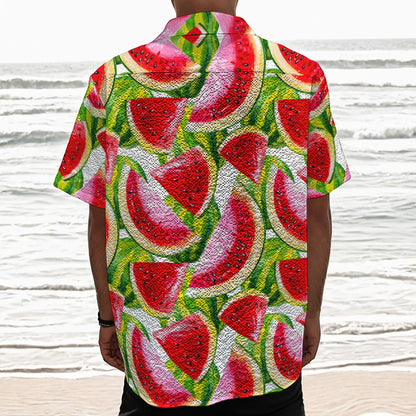 Watercolor Watermelon Pattern Print Textured Short Sleeve Shirt
