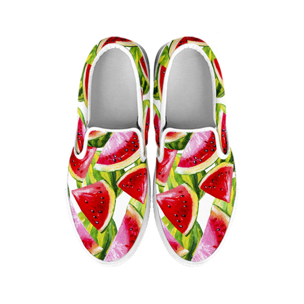 Watercolor Watermelon Pattern Print White Slip On Sneakers