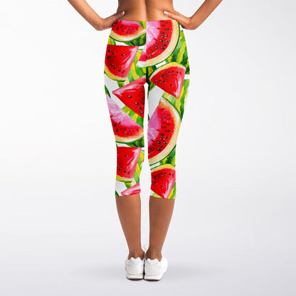 Watercolor Watermelon Pattern Print Women's Capri Leggings