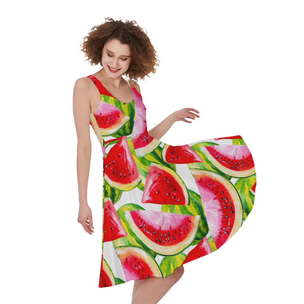 Watercolor Watermelon Pattern Print Women's Sleeveless Dress