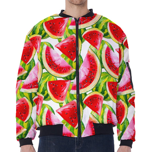 Watercolor Watermelon Pattern Print Zip Sleeve Bomber Jacket