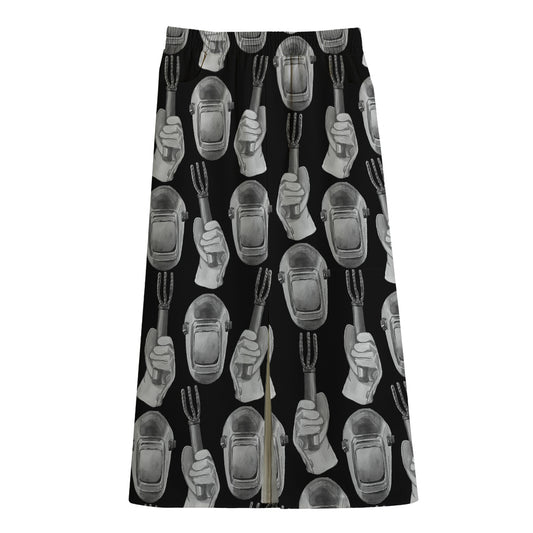 Watercolor Welder Pattern Print Cotton Front Slit Maxi Skirt