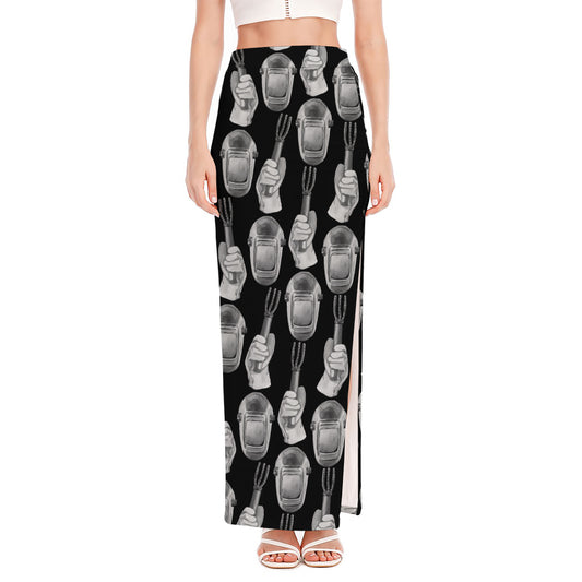 Watercolor Welder Pattern Print High Slit Maxi Skirt