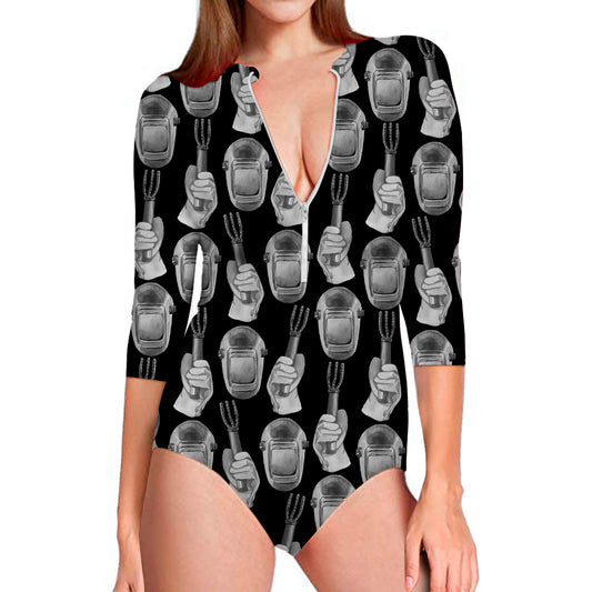 Watercolor Welder Pattern Print Long Sleeve Swimsuit