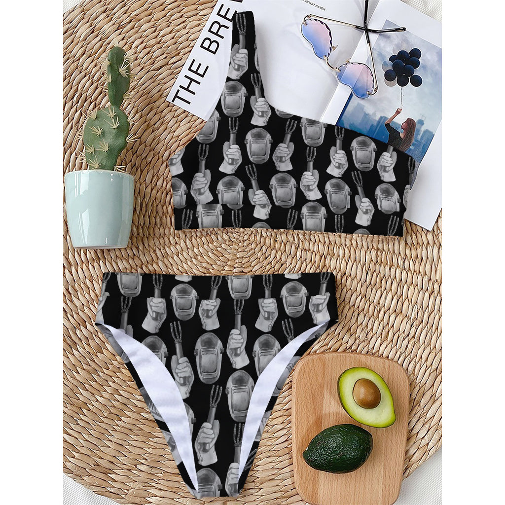Watercolor Welder Pattern Print One Shoulder Bikini Top