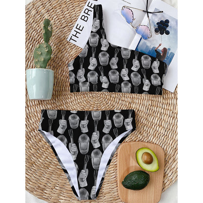 Watercolor Welder Pattern Print One Shoulder Bikini Top