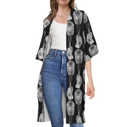 Watercolor Welder Pattern Print Open Front Beach Cover Up