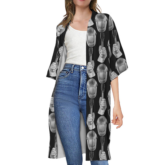 Watercolor Welder Pattern Print Open Front Beach Cover Up