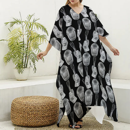 Watercolor Welder Pattern Print Silk V-Neck Kaftan Dress