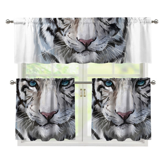 Watercolor White Bengal Tiger Print 3 Piece Kitchen Curtains