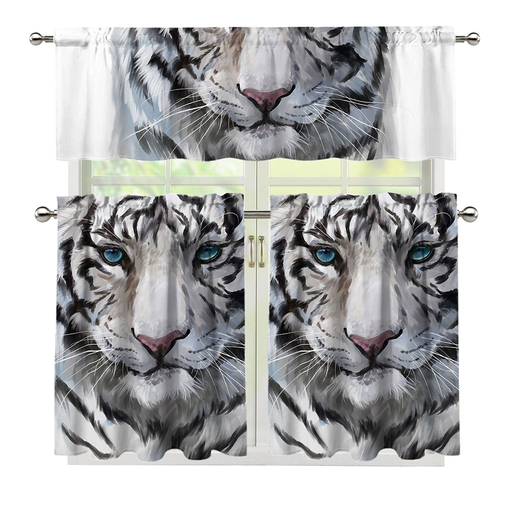 Watercolor White Bengal Tiger Print 3 Piece Kitchen Curtains