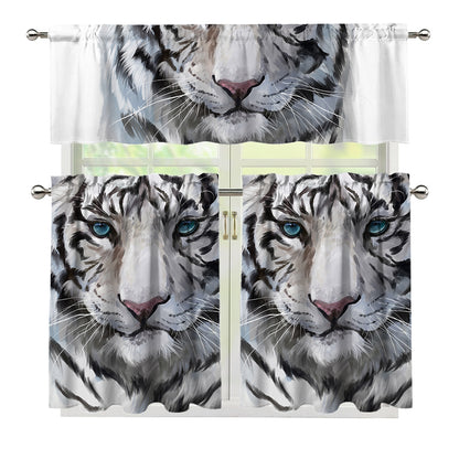Watercolor White Bengal Tiger Print 3 Piece Kitchen Curtains